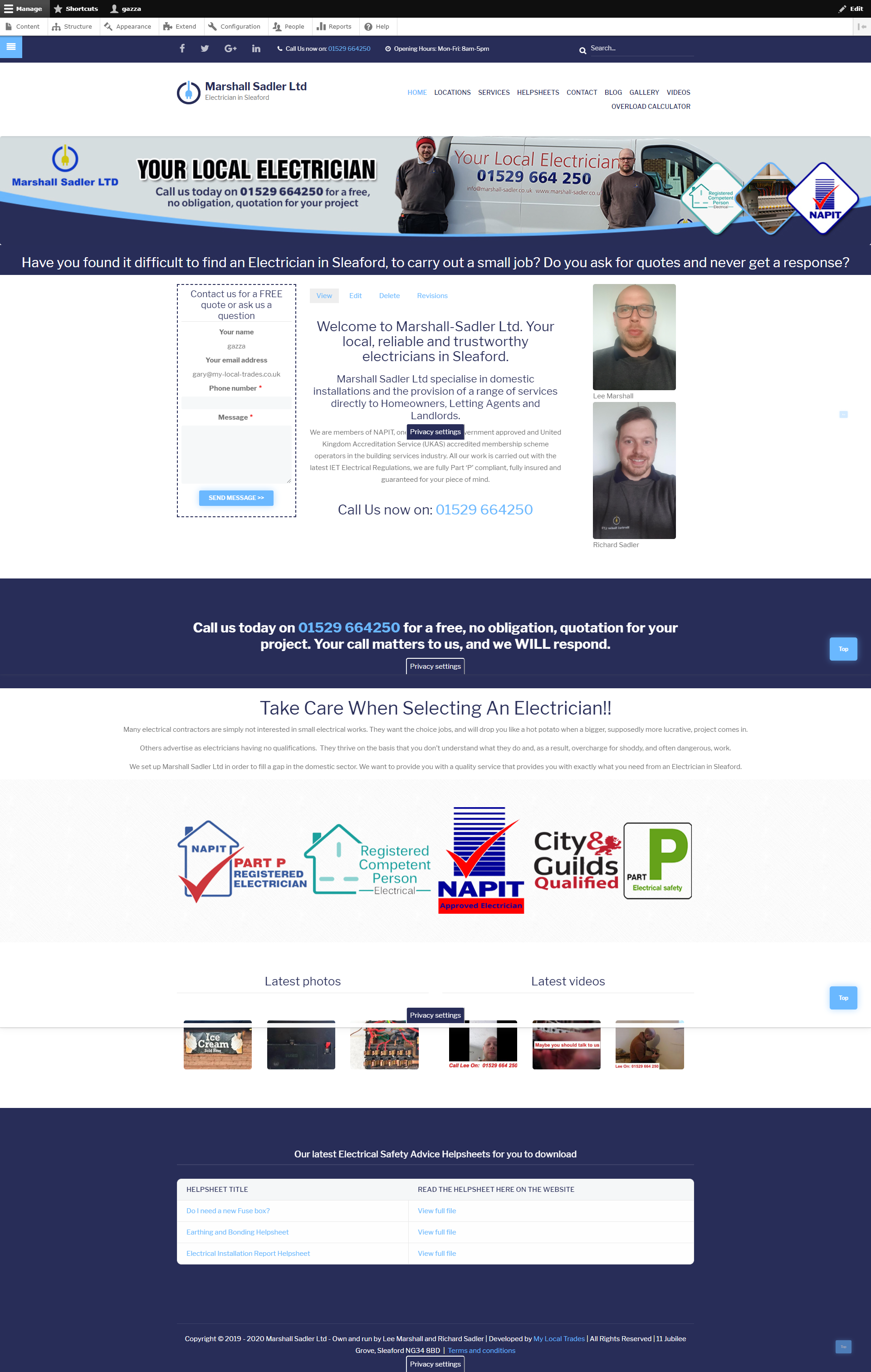 Marshall Sadler Electricians in Sleaford website screenshot