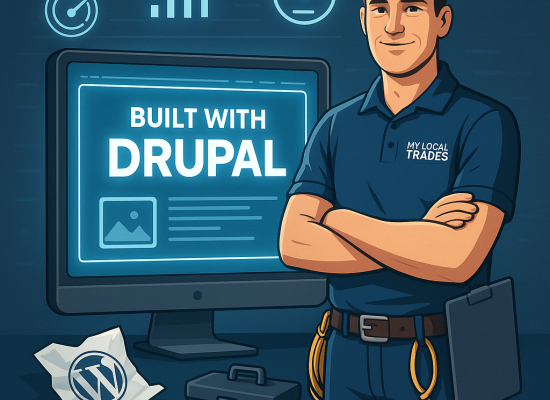 Electrician standing proudly next to a computer screen showing a "Built with Drupal" website, promoting scalable web design for tradespeople