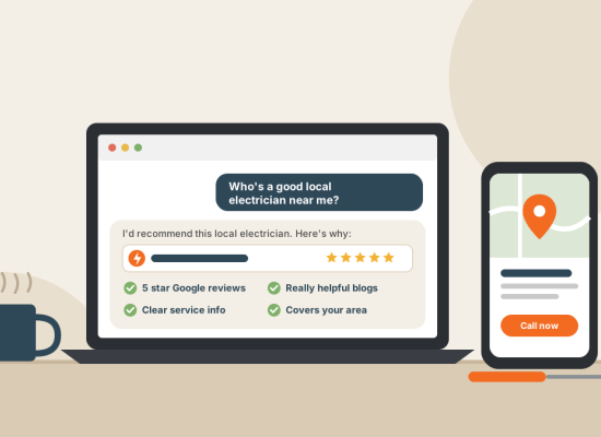 Laptop showing an AI chat recommending a local electrician for their 5 star Google reviews, helpful blogs, clear service info and the areas they cover