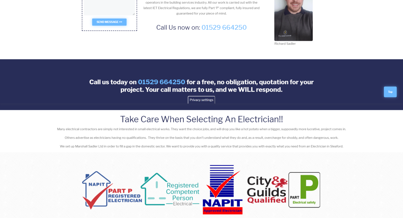 Marshall Sadler Electricians in Sleaford website screenshot