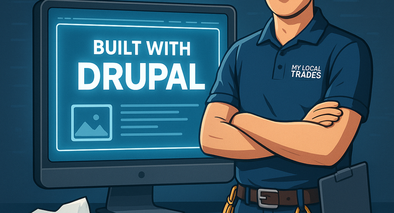 Electrician standing proudly next to a computer screen showing a "Built with Drupal" website, promoting scalable web design for tradespeople