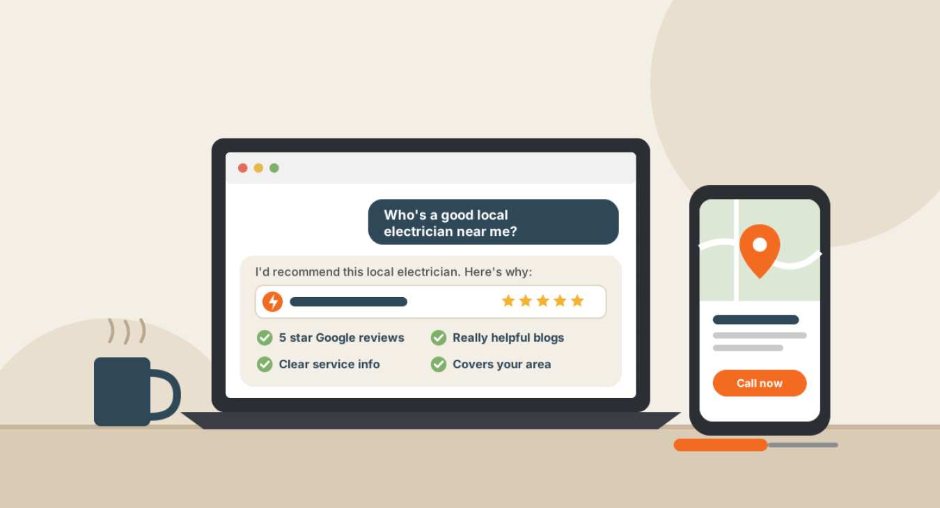 Laptop showing an AI chat recommending a local electrician for their 5 star Google reviews, helpful blogs, clear service info and the areas they cover